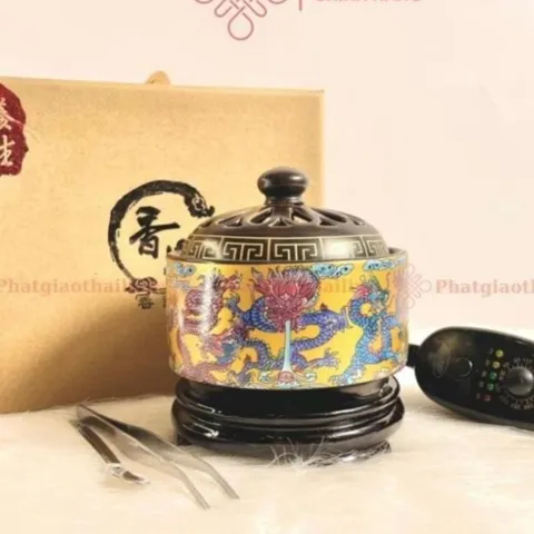 Lư Điện Xông Trầm Cao Cấp Nhiều Họa Tiết Có Đôn Gỗ (Tặng Kèm 50g Bột xông) - Cửa Hàng Phật Giáo DƯƠNG KHOA 852996