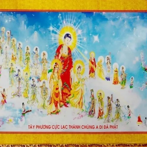 Tranh Tây Phương Tam Thánh-Tiếp dẫn nẹp gỗ khổ 40cm x 60cm cực đẹp