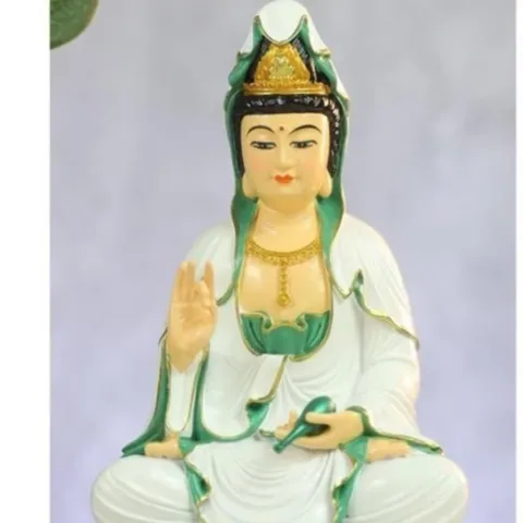 Tặng kinh Phổ Môn, Tượng Mẹ Quan Âm 18cm Bồ Tát Mặc Áo Trắng Ngồi Đài Sen Hồng