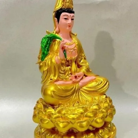 Tượng Quan Âm Màu Vàng Liễu Xanh Ngồi 30cm cực đẹp