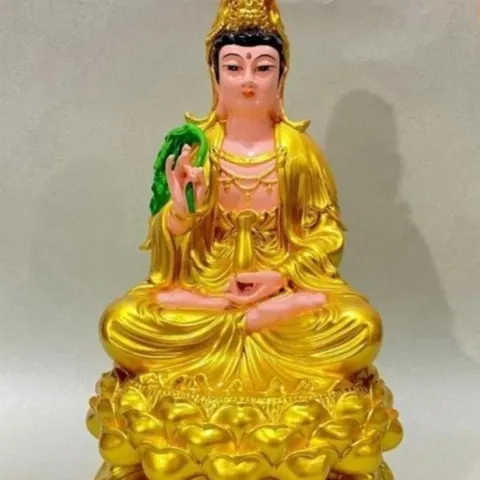 Tượng Quan Âm Màu Vàng Liễu Xanh Ngồi 30cm cực đẹp