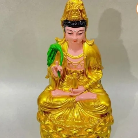 Tượng Quan Âm Màu Vàng Liễu Xanh Ngồi 30cm cực đẹp