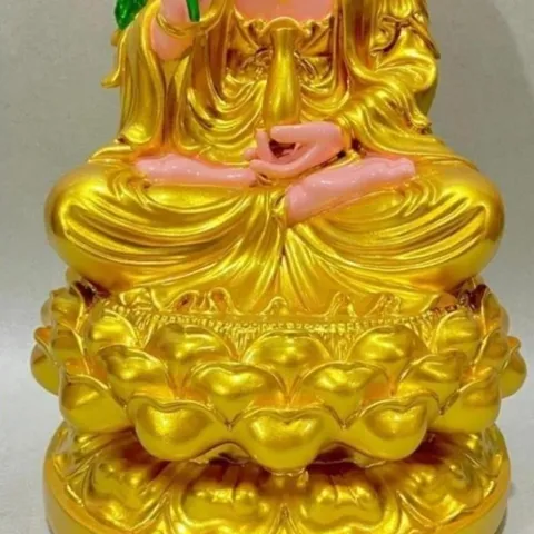 Tượng Quan Âm Màu Vàng Liễu Xanh Ngồi 30cm cực đẹp