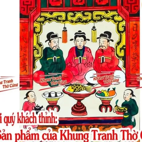 Tranh Táo Quân, thần bếp núc, 2 Ông 1 bà + gồm Khung + ép plastic đầy đủ kích thước cực đẹp