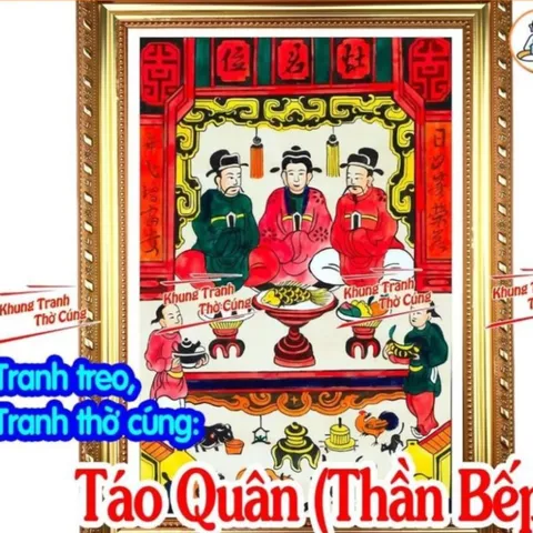 Tranh Táo Quân, thần bếp núc, 2 Ông 1 bà + gồm Khung + ép plastic đầy đủ kích thước cực đẹp
