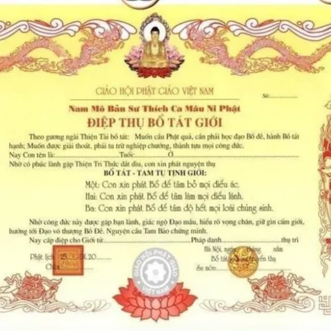 Tờ Phái Điệp Quy Y Tam Bảo - Giấy Phó Chúc Vãng Sinh - ĐIỆP THỤ BỒ TÁT GIỚI GIẤY A4 CỨNG cực đẹp