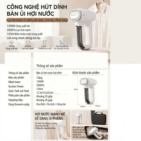 Bàn Ủi Hơi Nước Cầm Tay 1300W | Mini, Tiện Lợi, Hơi Nước Mạnh, Dùng Khô & Ướt