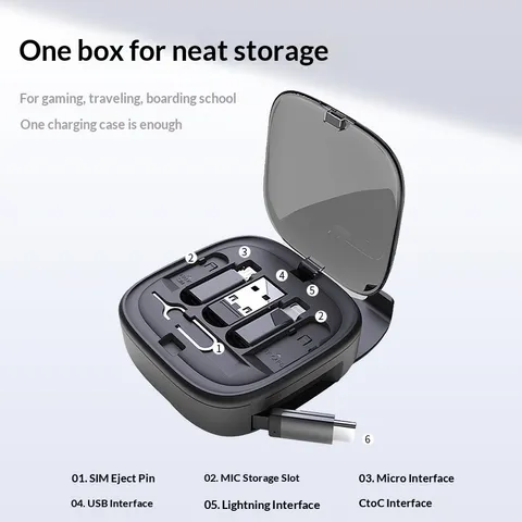 [Hàng quốc tế] Bộ cáp 5 in 1 60w - Lưu trữ dữ liệu - Có cáp sạc, thẻ nhớ, khe chọc sim, giá giữ điện thoại- Dây thu gọn