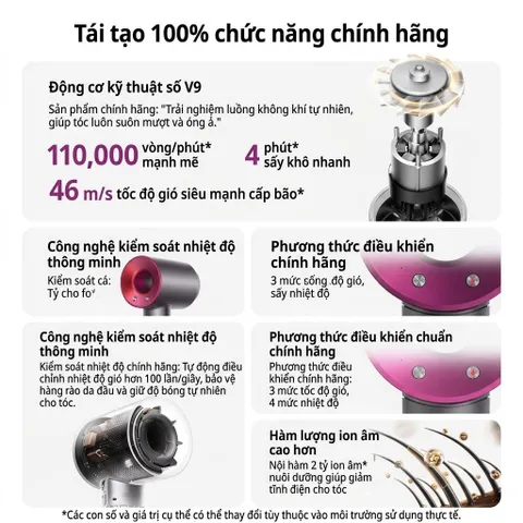 Máy Sấy Tóc Dyson I-on Âm Cao Cấp – 110.000 vòng/phút – Gió Mạnh, Sấy Nhanh, Êm Ái, Giúp Tóc Mềm Mượt