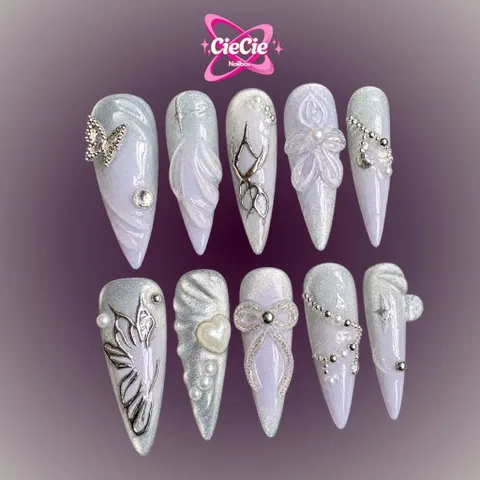 Nailbox Thiết Kế Tím Pastel Mắt Mèo Đính Đá Nơ Nổi [Cie-08]
