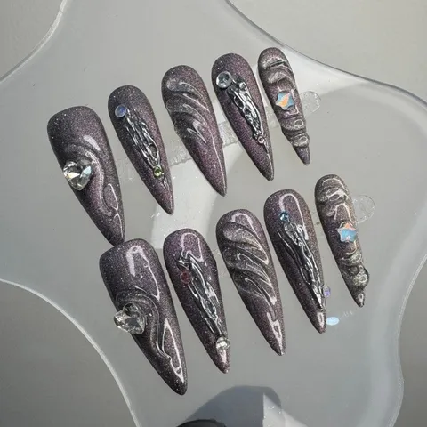 Nailbox Thiết Kế Mắt Mèo Tím Khói - Móng Giả Wave Gel Nổi Đính Đá Màu [Cie-17]