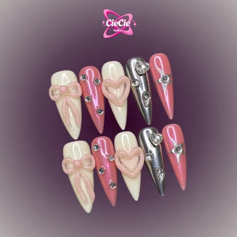 Nailbox Thiết Kế Pretty Hồng Trắng Tráng Gương Bạc Đính Đá Nơ Nổi [Cie-21]