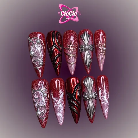 Nailbox Thiết Kế Đỏ Rượu Vang Gothic Đính Charm 3D Line Art Cá Tính [Cie-25]