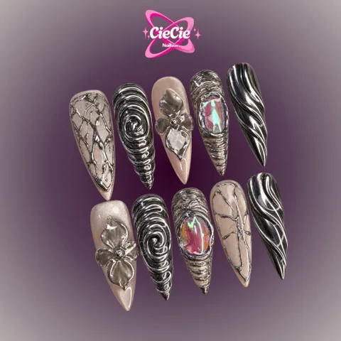 Nailbox Thiết Kế Nude Mắt Mèo Silver Metal Vân Nổi Hoa Tráng Gương Bạc [Cie-29]