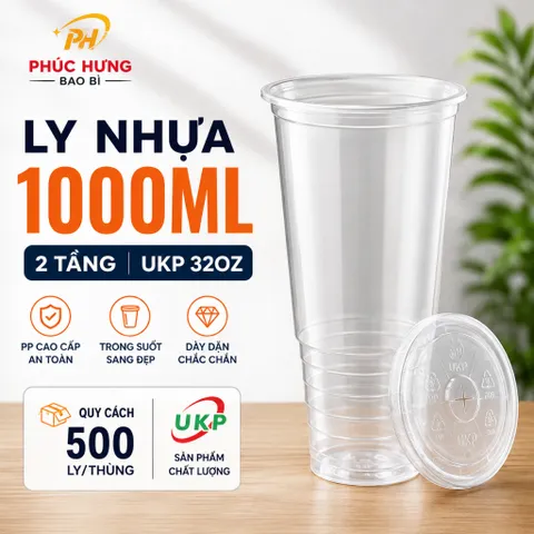 Ly Nhựa 1000ml 2 Tầng 32oz Trong Suốt, Ly Trà Sữa Trà Trái Cây Cà Phê Có Nắp
