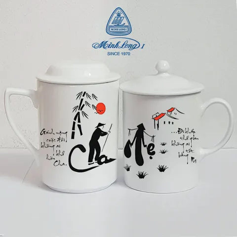 Ly cốc sứ có nắp in chữ thư pháp Cha Mẹ gốm sứ cao cấp Minh Long, quà tặng Vu Lan