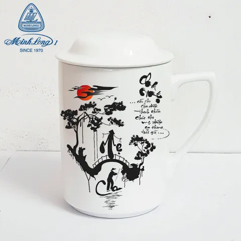 Ly cốc sứ có nắp in chữ thư pháp Cha Mẹ gốm sứ cao cấp Minh Long, quà tặng Vu Lan