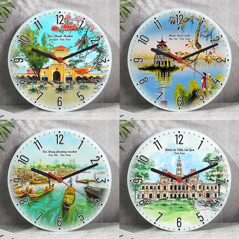 Đồng hồ decor để bàn hoặc treo tường bẳng thủy tinh tròn 20cm in tranh vẽ thắng cảnh quê hương Việt Nam