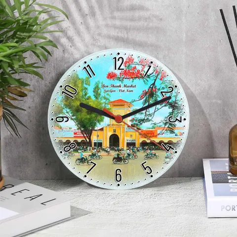 Đồng hồ decor để bàn hoặc treo tường bẳng thủy tinh tròn 20cm in tranh vẽ thắng cảnh quê hương Việt Nam