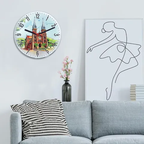 Đồng hồ decor để bàn hoặc treo tường bẳng thủy tinh tròn 20cm in tranh vẽ thắng cảnh quê hương Việt Nam