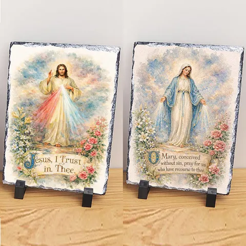 Quà tặng Công Giáo hình Chúa Giêsu và Đức Mẹ Maria vẽ màu nước in trên đá tự nhiên