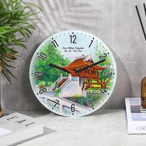 Đồng hồ decor để bàn hoặc treo tường bẳng thủy tinh tròn 20cm in tranh vẽ thắng cảnh quê hương Việt Nam