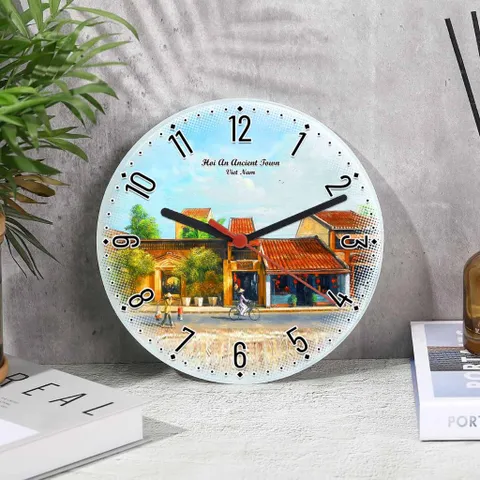Đồng hồ decor để bàn hoặc treo tường bẳng thủy tinh tròn 20cm in tranh vẽ thắng cảnh quê hương Việt Nam