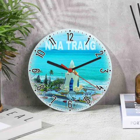Đồng hồ decor để bàn hoặc treo tường bẳng thủy tinh tròn 20cm in tranh vẽ thắng cảnh quê hương Việt Nam