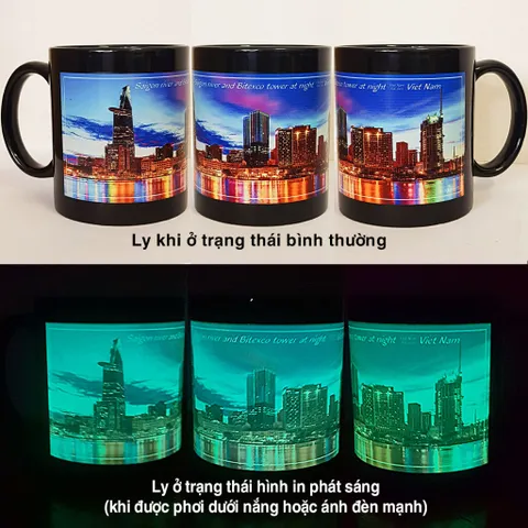 Ly cốc sứ in hình cảnh Sài Gòn ban đêm dạ quang phát sáng