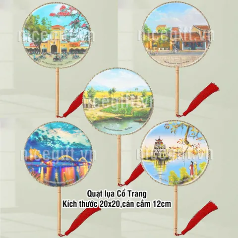 Quạt lụa thủ công cổ trang kiếm hiệp in tranh vẽ danh lam thắng cảnh Việt Nam