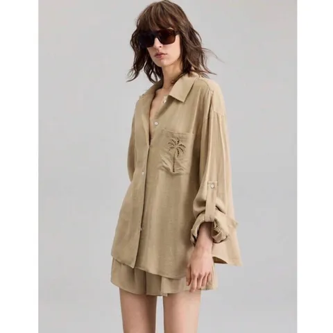(Chính Hãng) Set bộ áo sơ mi,quần giả váy nữ du lịch,đi biển nữ chất linen hãng Ontre She In