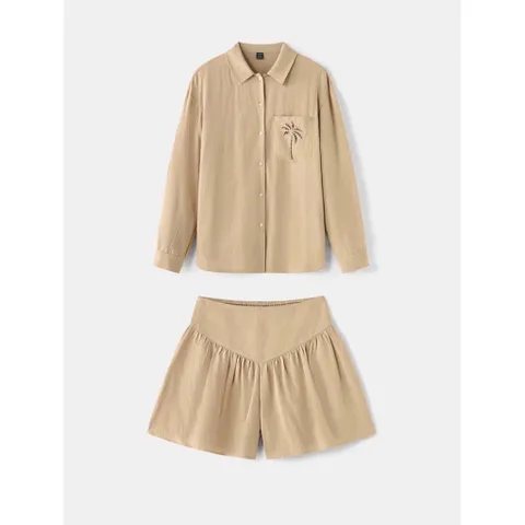 (Chính Hãng) Set bộ áo sơ mi,quần giả váy nữ du lịch,đi biển nữ chất linen hãng Ontre She In