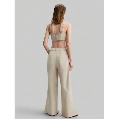 (Chính Hãng) Set bộ áo bra,quần ống rộng nữ du lịch,đi biển chất Linen hãng Ontre She In