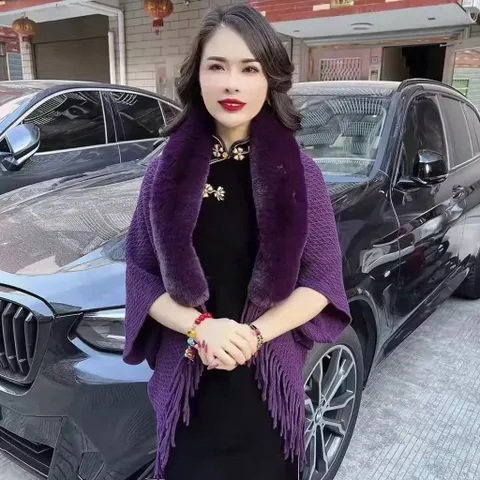 (Sale) Áo choàng len cổ lông nữ hàng QC