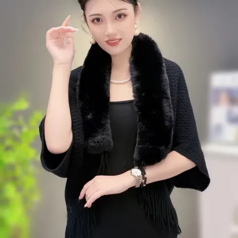 (Sale) Áo choàng len cổ lông nữ hàng QC