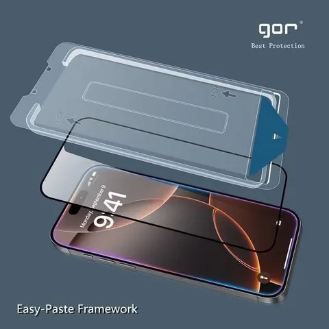 Kính Cường Lực GOR Full Màn Hình cho iPhone16 ProMax / 16 / 15 ProMax - Hộp 2 Miếng Có Khung Tự Dán.