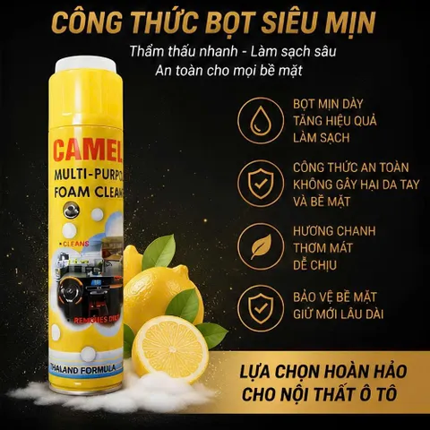 Chai vệ sinh đa năng vệ sinh nội thất ô tô Dạng Bọt Camel + Đầu bàn chải 650ML ( Mẫu mới 2026) 