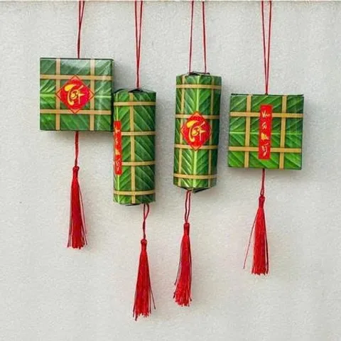 Combo 4 Liễn Bánh Chưng Bánh Tét Treo Cây Trang Trí Tết, Kèm Dây Treo Tiền Vàng May Mắn