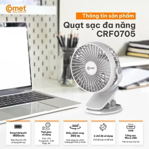 Quạt Kẹp Tích Điện Xoay 360° COMET CRF0705 - 5W - Kẹp Bàn, Kẹp Giường, Kẹp Xe Đẩy