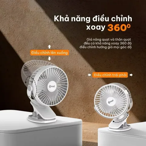 Quạt Kẹp Tích Điện Xoay 360° COMET CRF0705 - 5W - Kẹp Bàn, Kẹp Giường, Kẹp Xe Đẩy