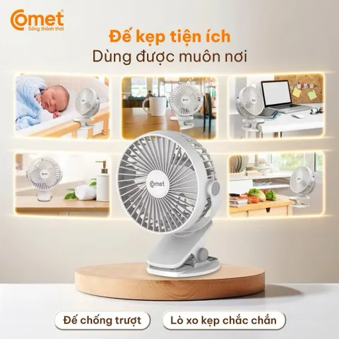 Quạt Kẹp Tích Điện Xoay 360° COMET CRF0705 - 5W - Kẹp Bàn, Kẹp Giường, Kẹp Xe Đẩy