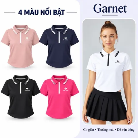 Áo Polo Nữ Garnet Ngắn Tay Cổ Bẻ Phối Viền Khóa Kéo Co Giãn Thoáng Mát Phong Cách Thể Thao