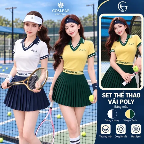 Set thể thao nữ thun lạnh áo cổ V phối chân váy xếp ly, co giãn thoáng mát chơi tennis