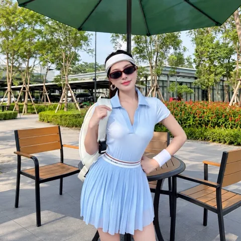 Bộ đồ thể thao nữ áo polo cổ bẻ tay ngắn chân váy xếp ly dáng xòe vải poly co giãn thoáng mát