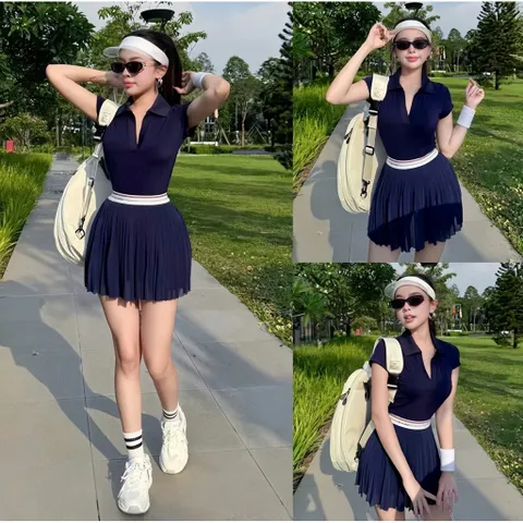 Bộ đồ thể thao nữ áo polo cổ bẻ tay ngắn chân váy xếp ly dáng xòe vải poly co giãn thoáng mát