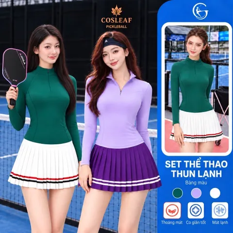 Set thể thao nữ Pickleball thun lạnh áo dài tay ôm dáng cổ khóa chân váy xếp ly viền sọc