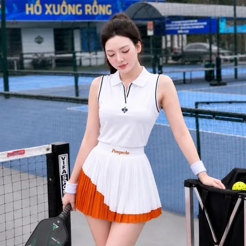 Set thể thao nữ polo sát nách phối chân váy xếp ly, co giãn thoáng mát chơi pickleball tennis