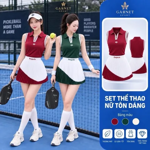 Set thể thao nữ polo sát nách phối chân váy xếp ly, co giãn thoáng mát chơi pickleball tennis