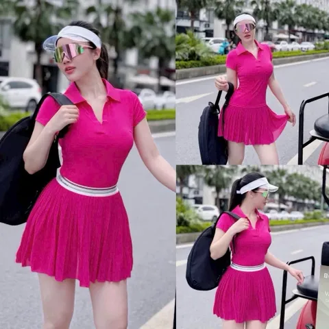 Bộ đồ thể thao nữ áo polo cổ bẻ tay ngắn chân váy xếp ly dáng xòe vải poly co giãn thoáng mát