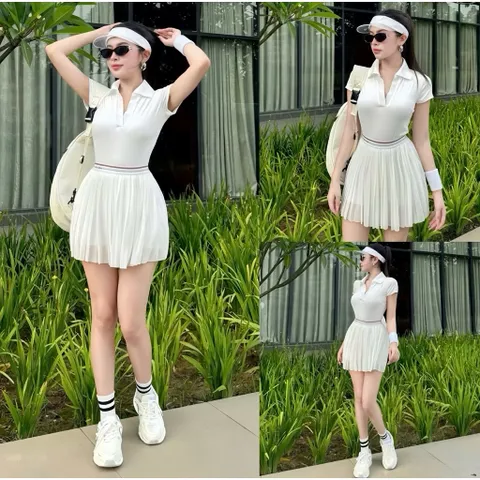 Bộ đồ thể thao nữ áo polo cổ bẻ tay ngắn chân váy xếp ly dáng xòe vải poly co giãn thoáng mát